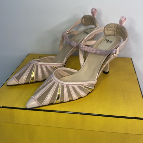 New Authentic FENDI leather and mesh high-heeled slingbacks Size US 6.5 - Picture 4 of 13